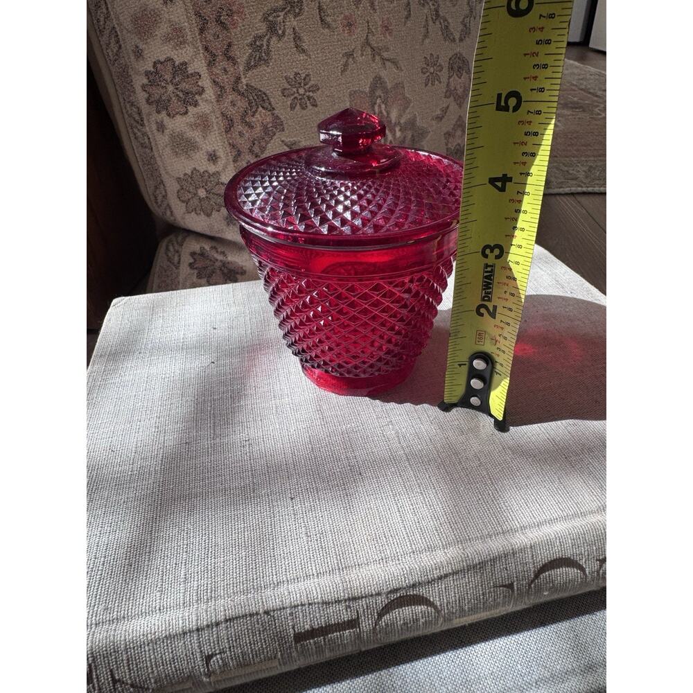 Vintage Estate European Ruby Red Art Glass Bowl Covered Dish Diamond Point Set - Picture 7 of 16